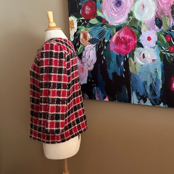 Christopher & Banks Red Plaid Textured Knit Jacket Women's Size Large - Picture 4 of 8